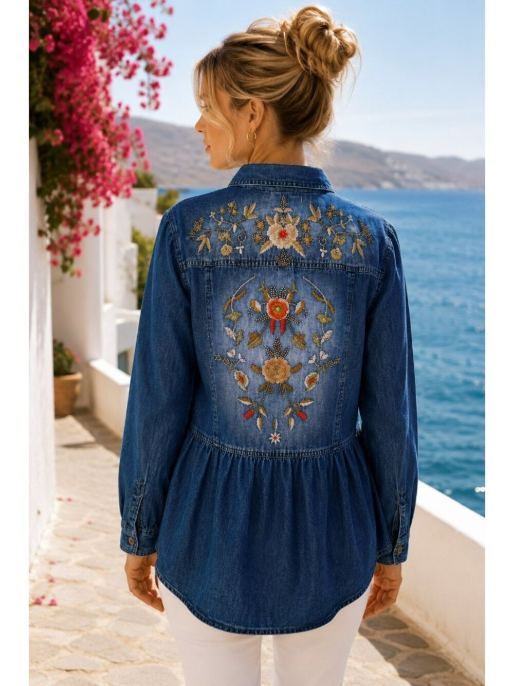 Lola P. Embroidered Cotton Denim Button-Up Shirt Womens Size Medium Blue - Picture 7 of 9